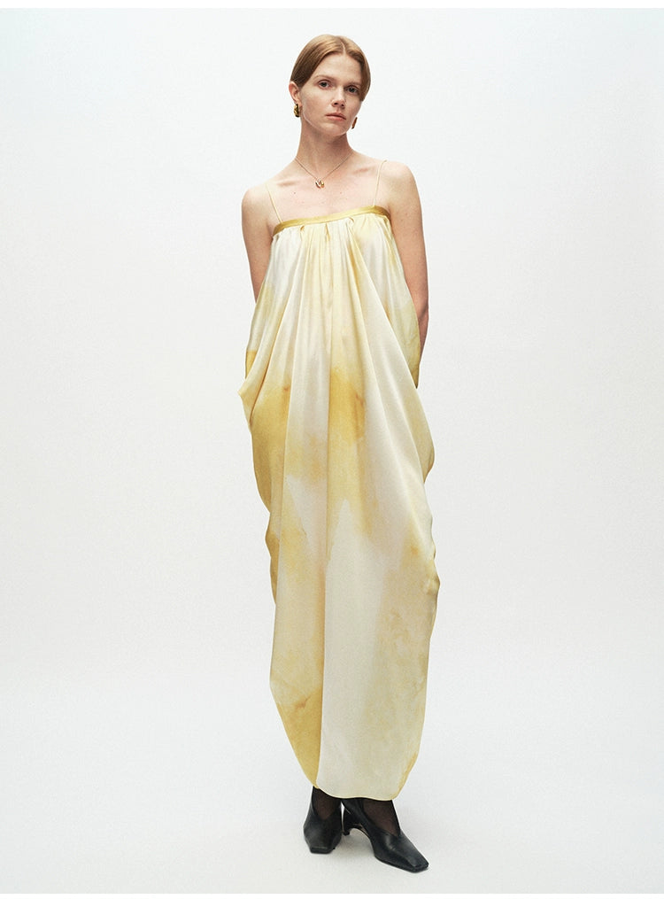 Yellow Printing Drape Suspender Dress