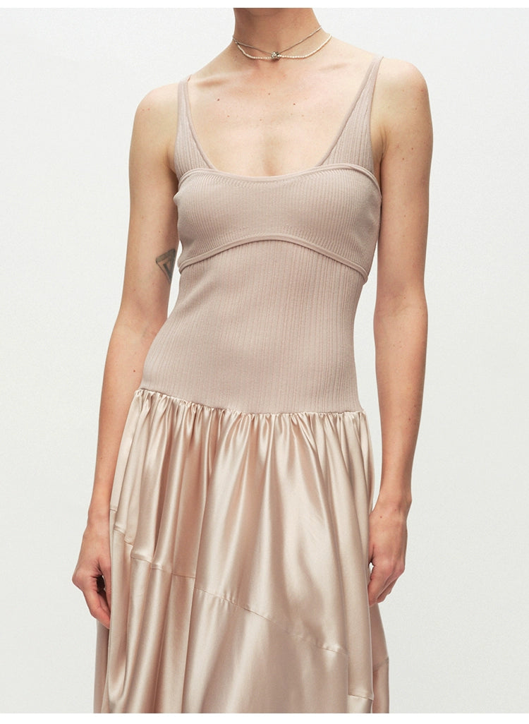 Ribbed Patchwork Silk Sleeveless Dress