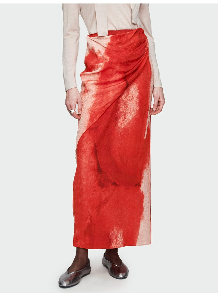 Red Print Straight Skirt