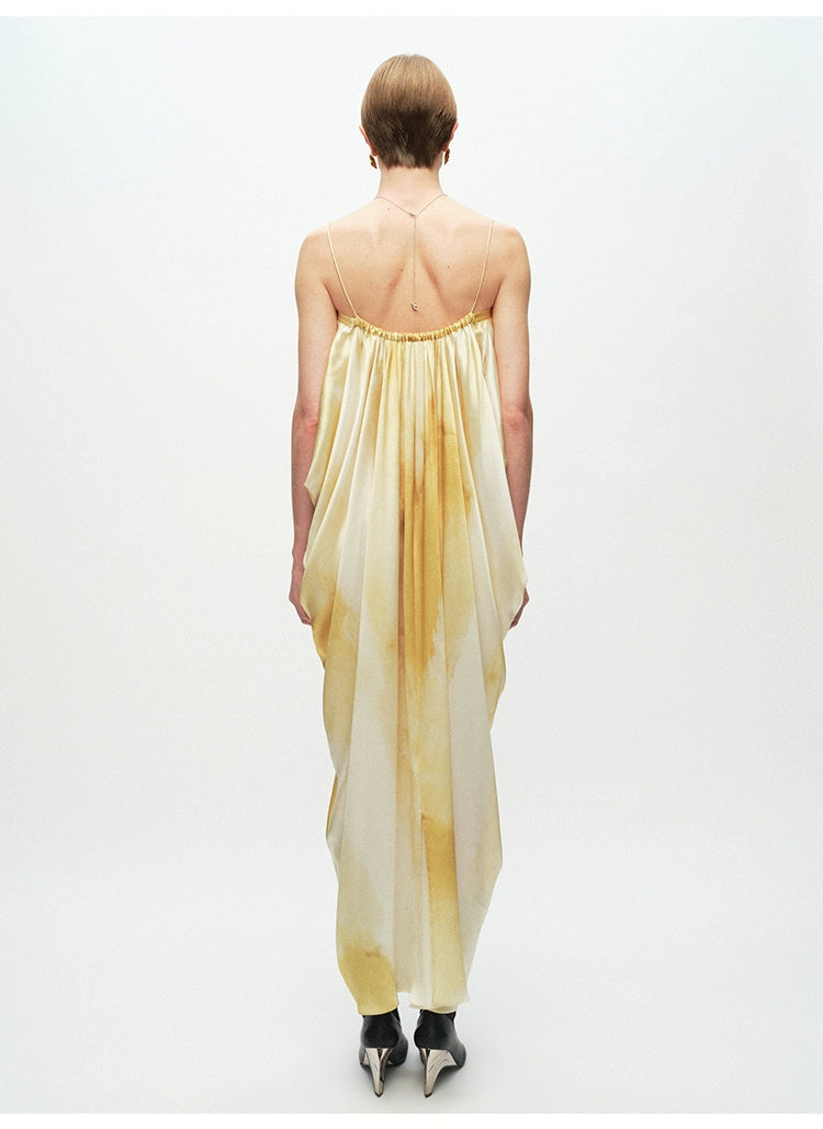 Yellow Printing Drape Suspender Dress