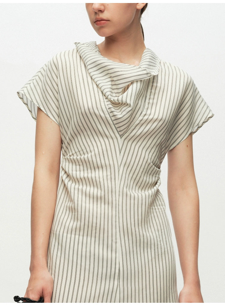 Striped Swing Neck Pleated Dress