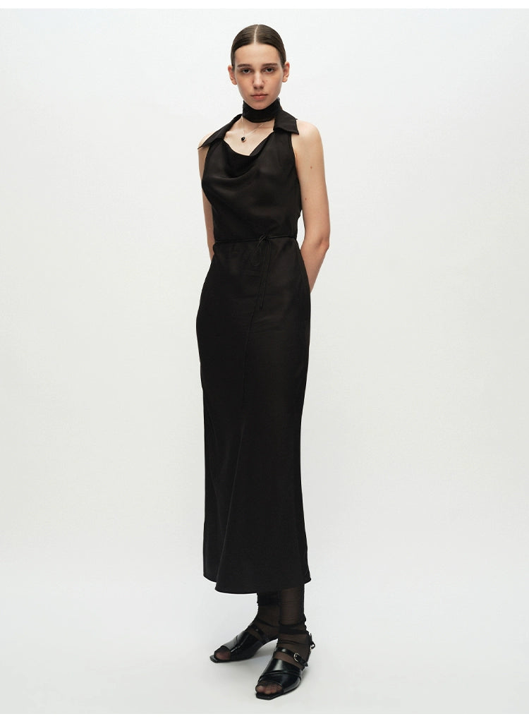 Black Swing Neck Sleeveless Lace-up Dress