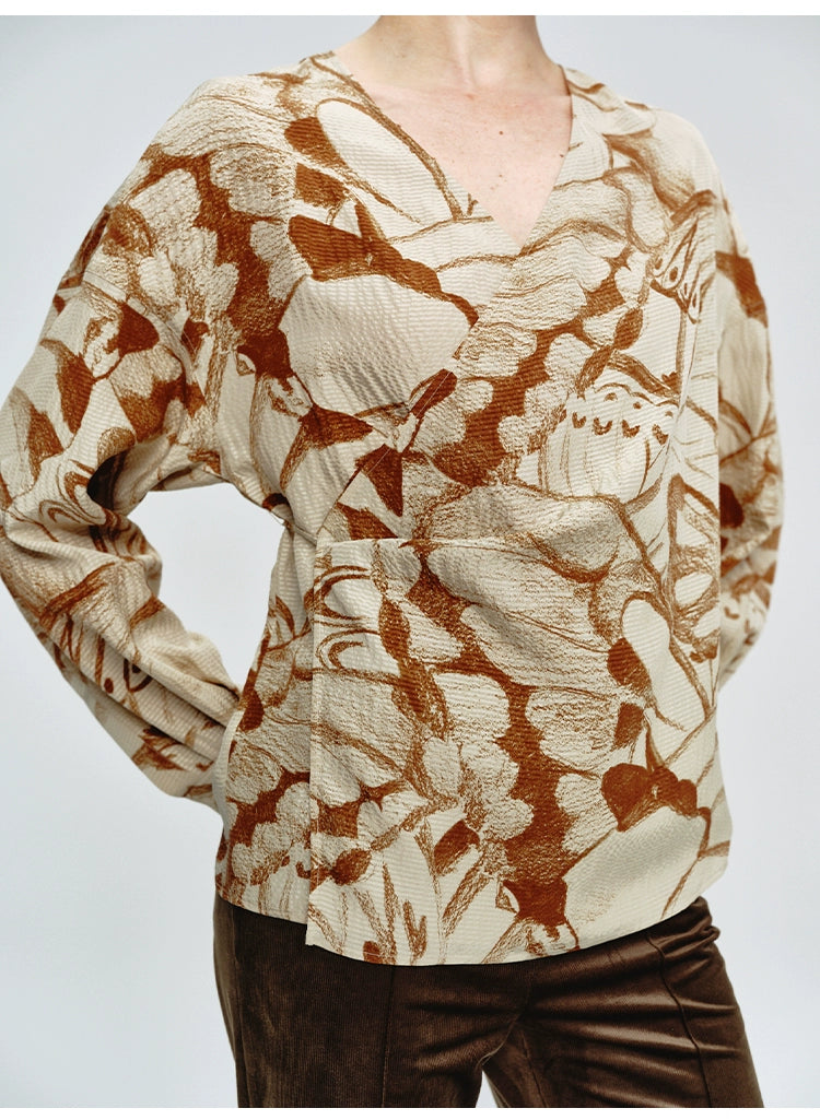 Lace-up Butterfly Print Long Sleeve Blouse