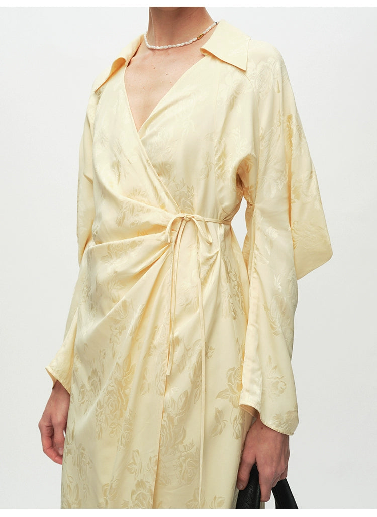 Yellow V Neck Long sleeve Wrap Dress