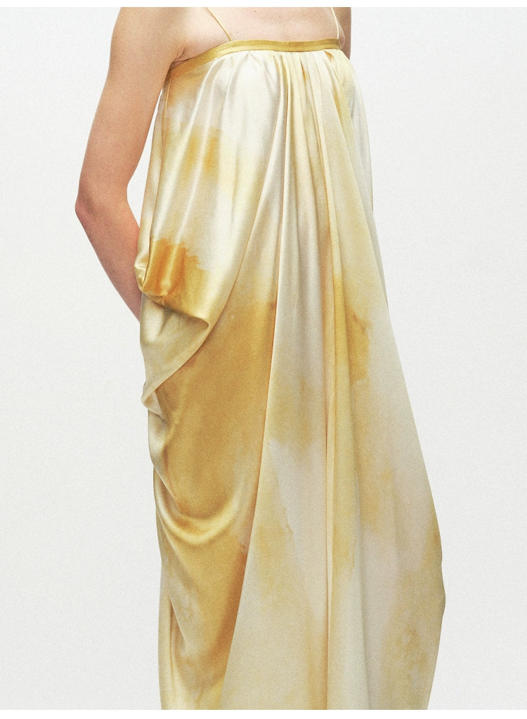 Yellow Printing Drape Suspender Dress