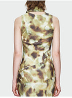 Dark Green Print Streamer Collar Dress