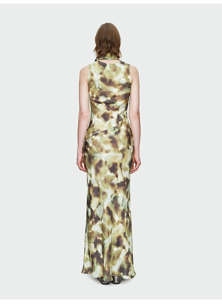 Dark Green Print Streamer Collar Dress