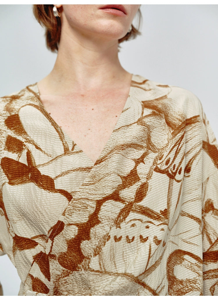 Lace-up Butterfly Print Long Sleeve Blouse