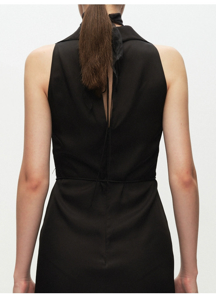 Black Swing Neck Sleeveless Lace-up Dress