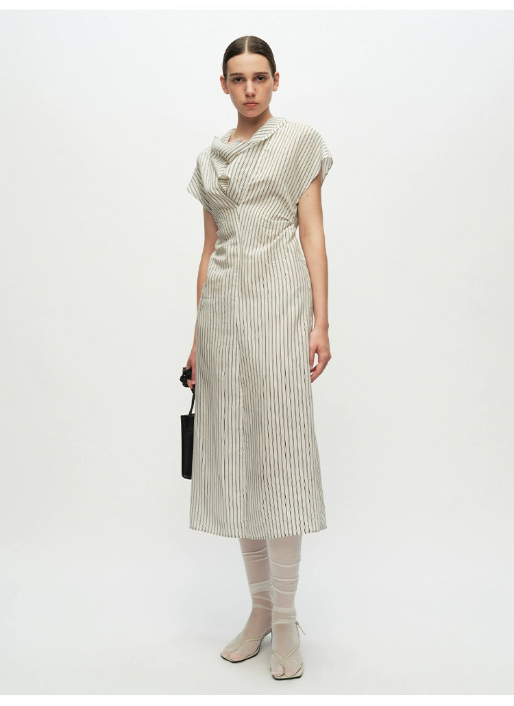 Striped Swing Neck Pleated Dress