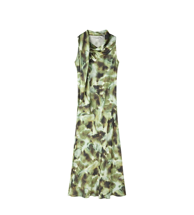 Dark Green Print Streamer Collar Dress