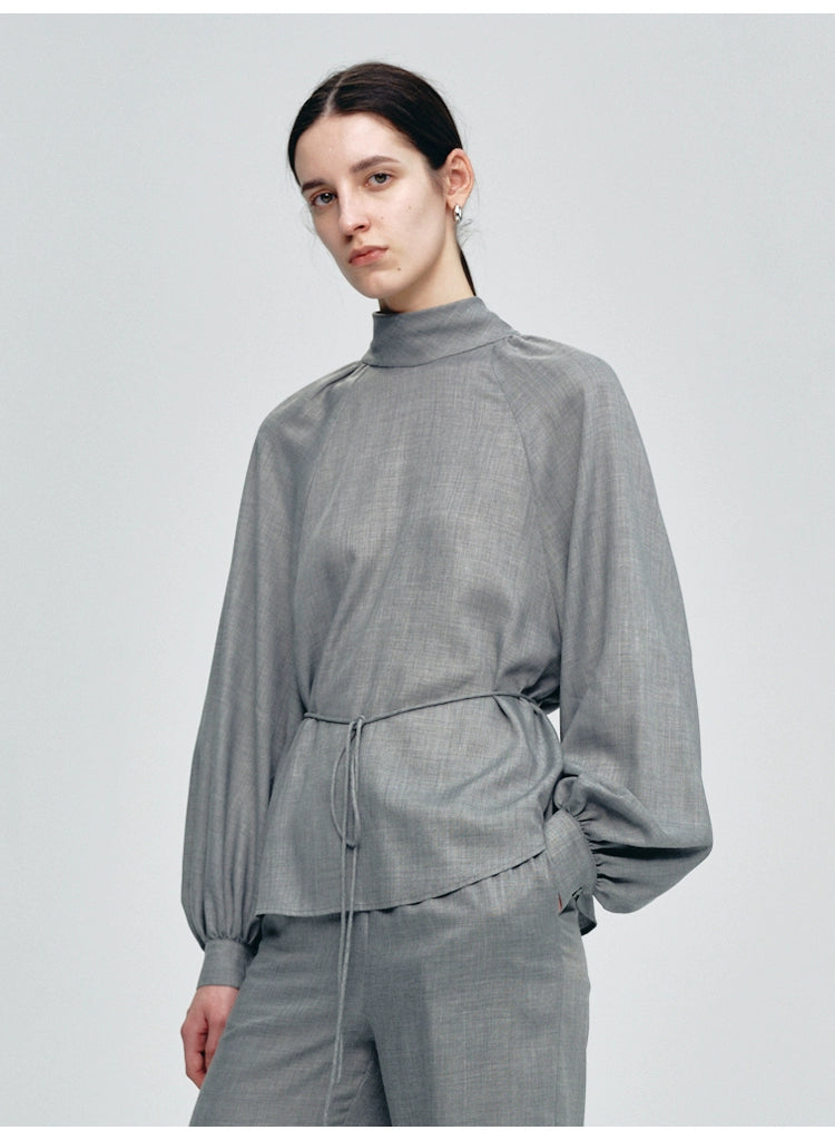 Gray Turtleneck Strap Loose Top