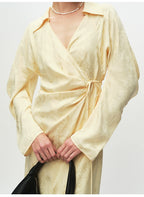 Yellow V Neck Long sleeve Wrap Dress