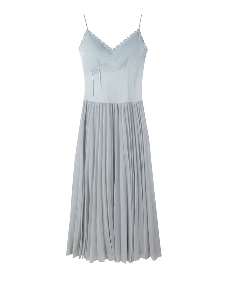 Sky Blue Pleated V Neck Maxi Dress