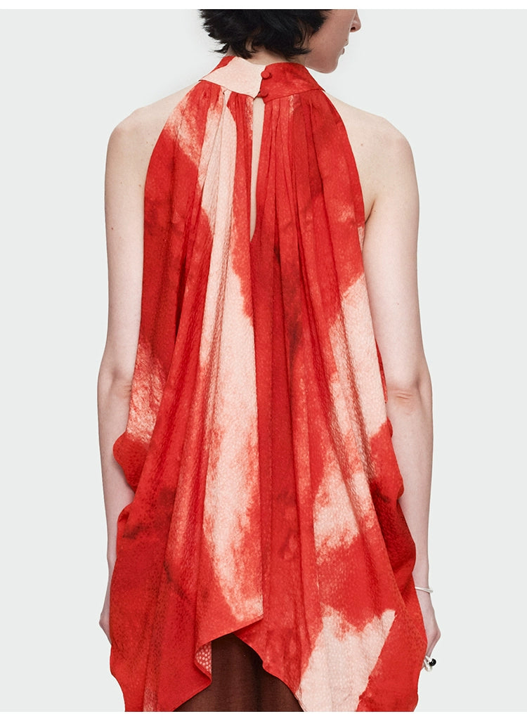 Red Print Halter Pleated Top