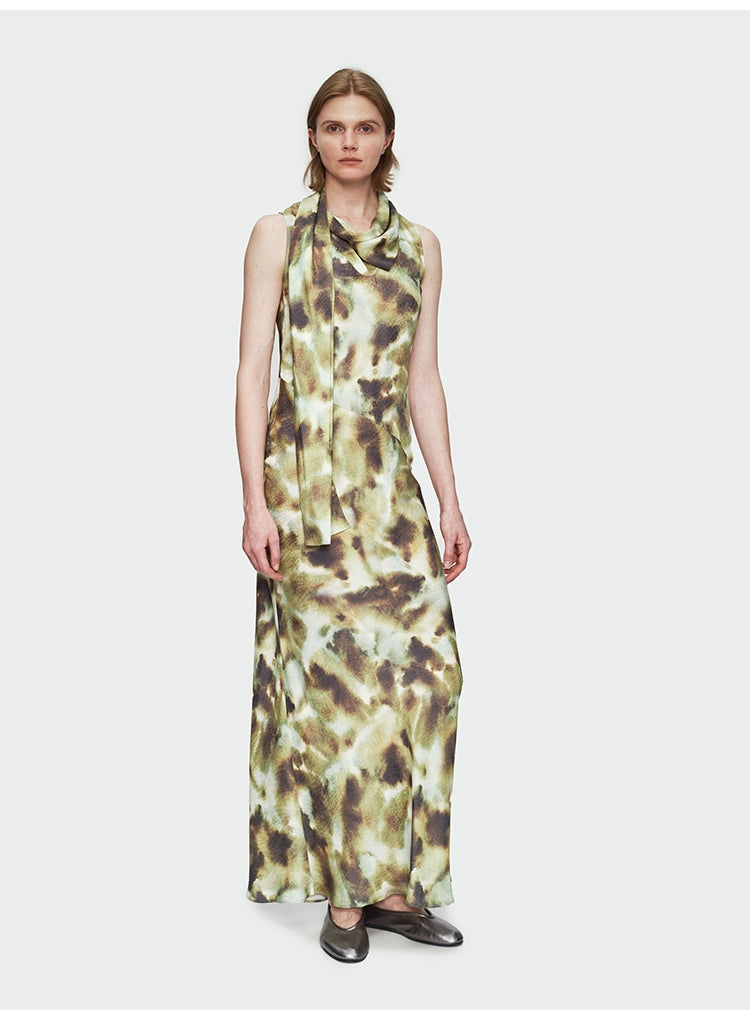 Dark Green Print Streamer Collar Dress