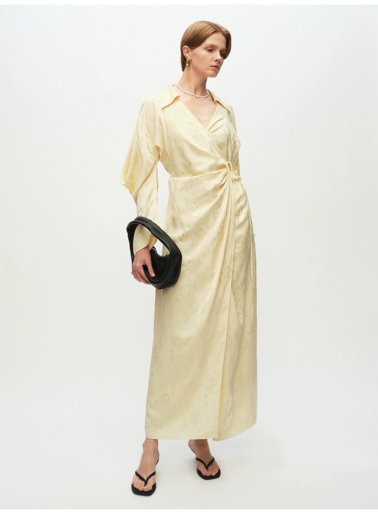 Yellow V Neck Long sleeve Wrap Dress