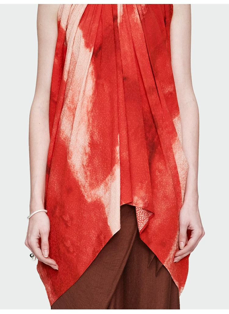 Red Print Halter Pleated Top