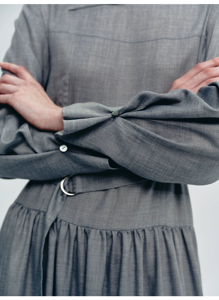 Gray Lapel Collar Lace-up Dress