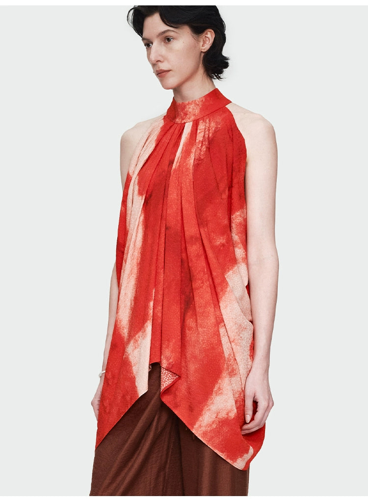 Red Print Halter Pleated Top