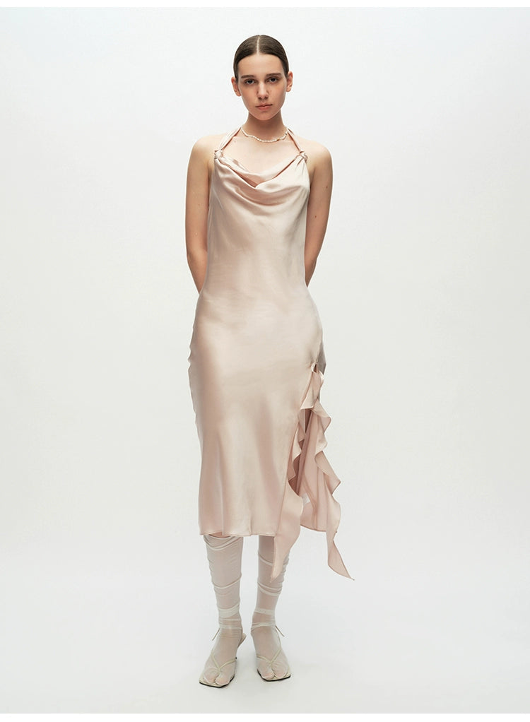Pink Ruffled Slit Midi Dress