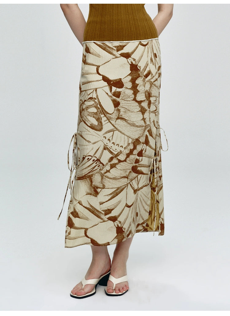 Tied Knot Butterfly Print Ankle Skirt