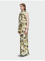 Dark Green Print Streamer Collar Dress
