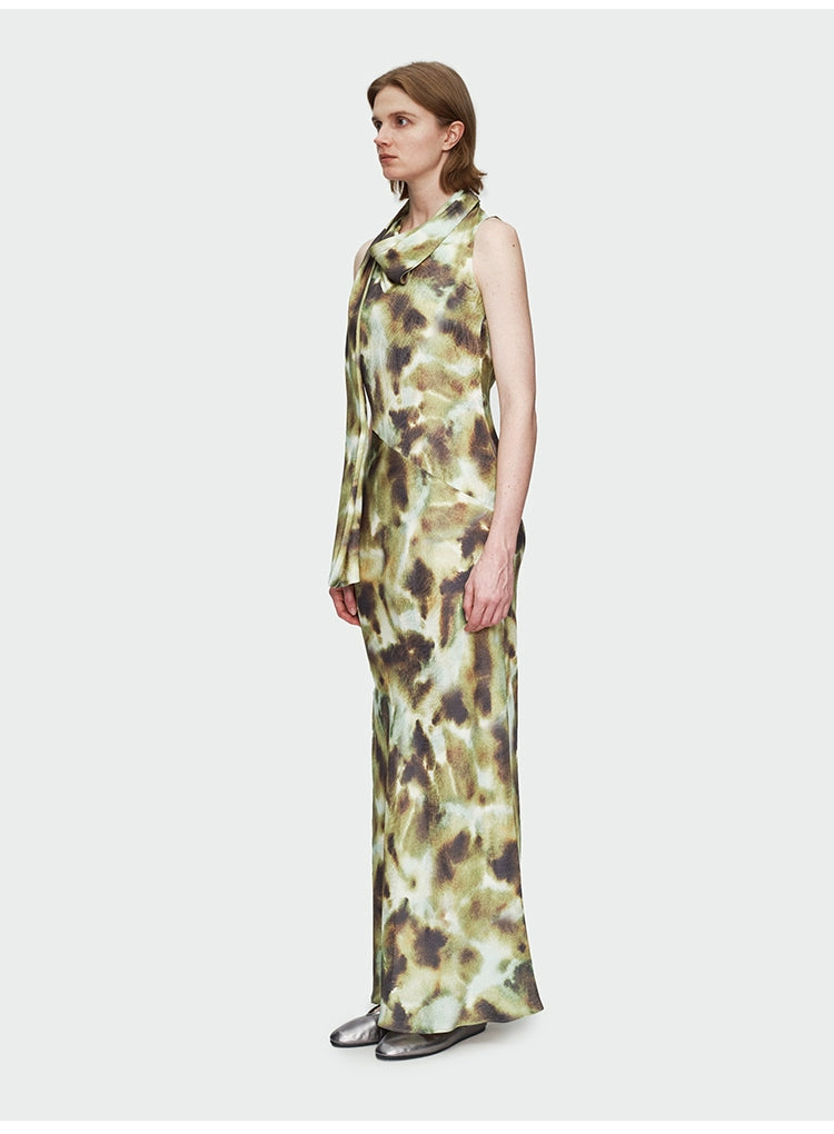 Dark Green Print Streamer Collar Dress