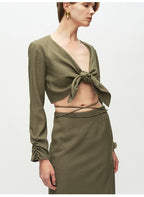 Army Green Tied Knot Long-sleeved Top