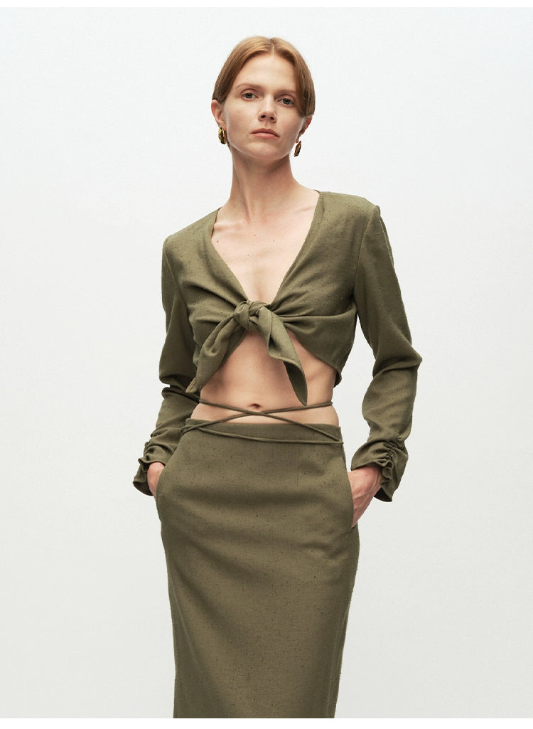 Army Green Tied Knot Long-sleeved Top