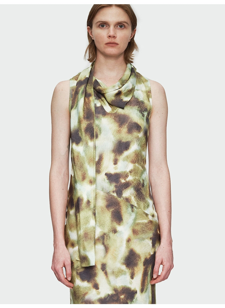 Dark Green Print Streamer Collar Dress