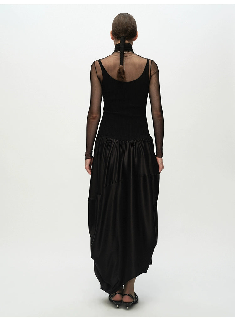 Ribbed Patchwork Silk Sleeveless Dress