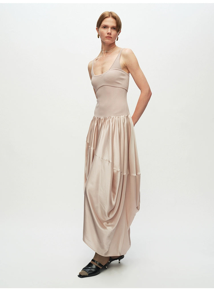 Ribbed Patchwork Silk Sleeveless Dress