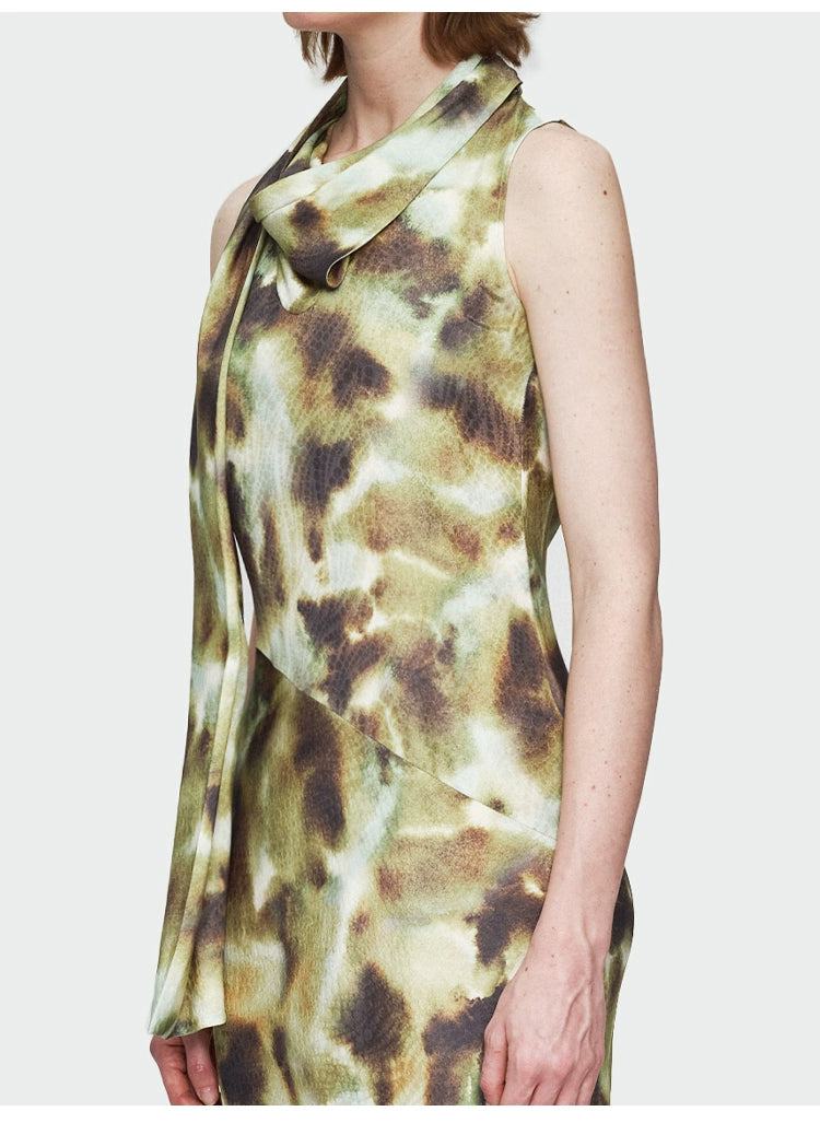 Dark Green Print Streamer Collar Dress